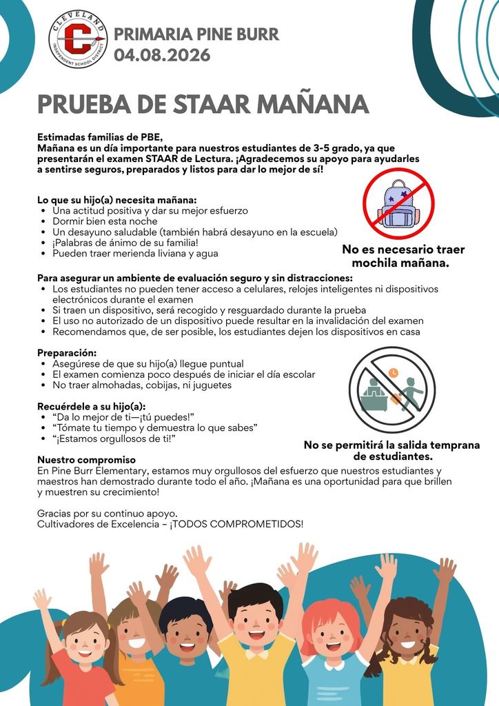 A flyer has colorful hands raised in the air. Text is in Spanish. It reads "PRUEBA DE STAAR MAÑANA" with a date of 04.08.2026.