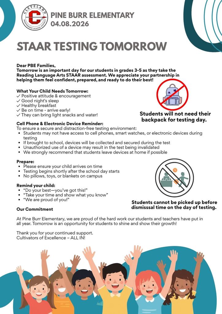 Flyer with heading "STAAR Testing Tomorrow". A child's drawing of a house in a circle with a line through it.