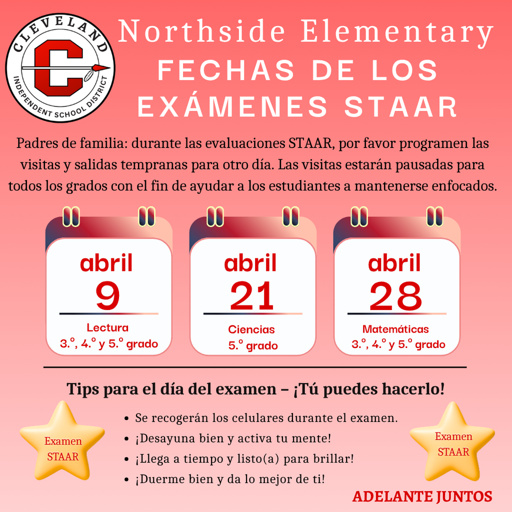 A pink poster displays dates and details for STAR exams. It lists dates April 9, 21, and 28 for subjects, including a reminder to prepare well for the exams.