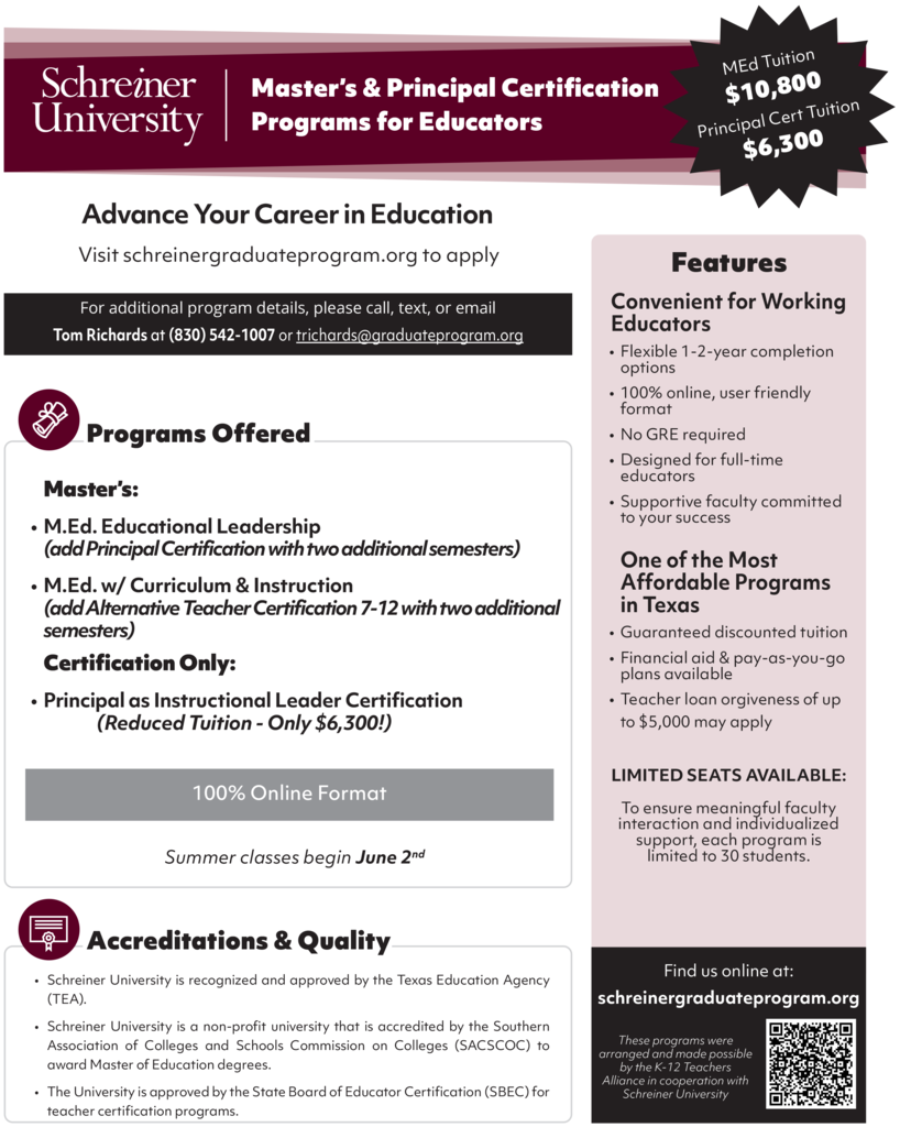 A brochure displays details about the Master's & Principal Certification Programs for Educators. It lists tuition rates and features.