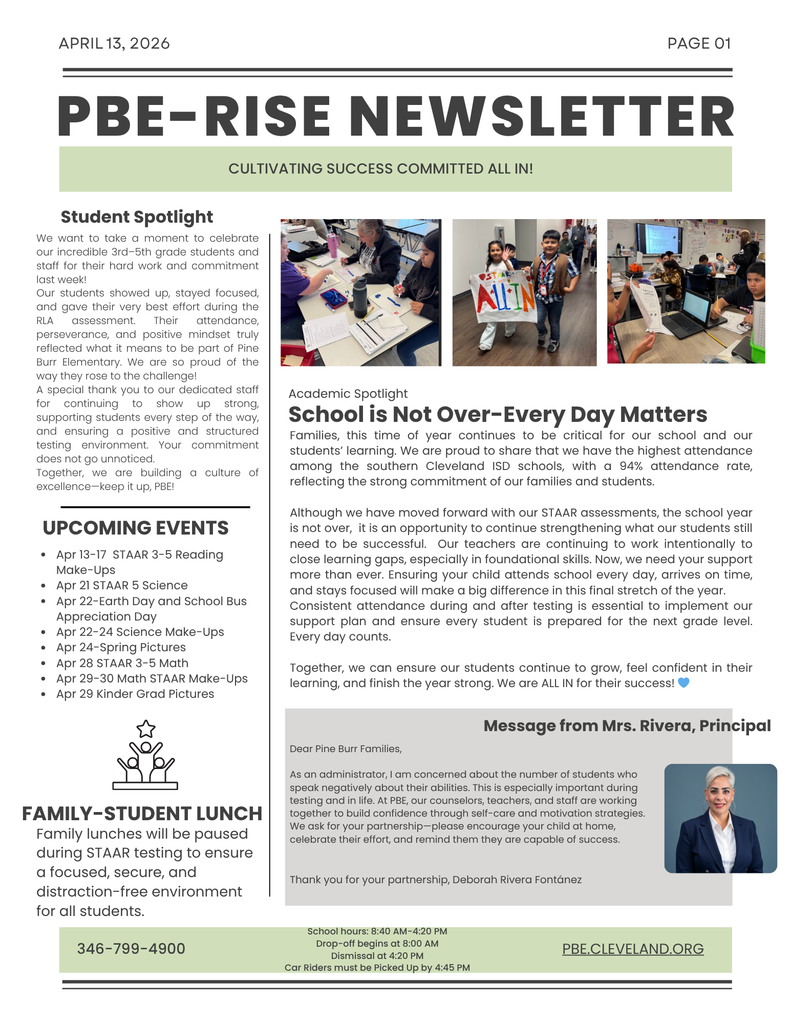 Newsletter page titled "PBE-RISE NEWSLETTER" with text and images. A photo of students working, a family photo, and a man in a suit.