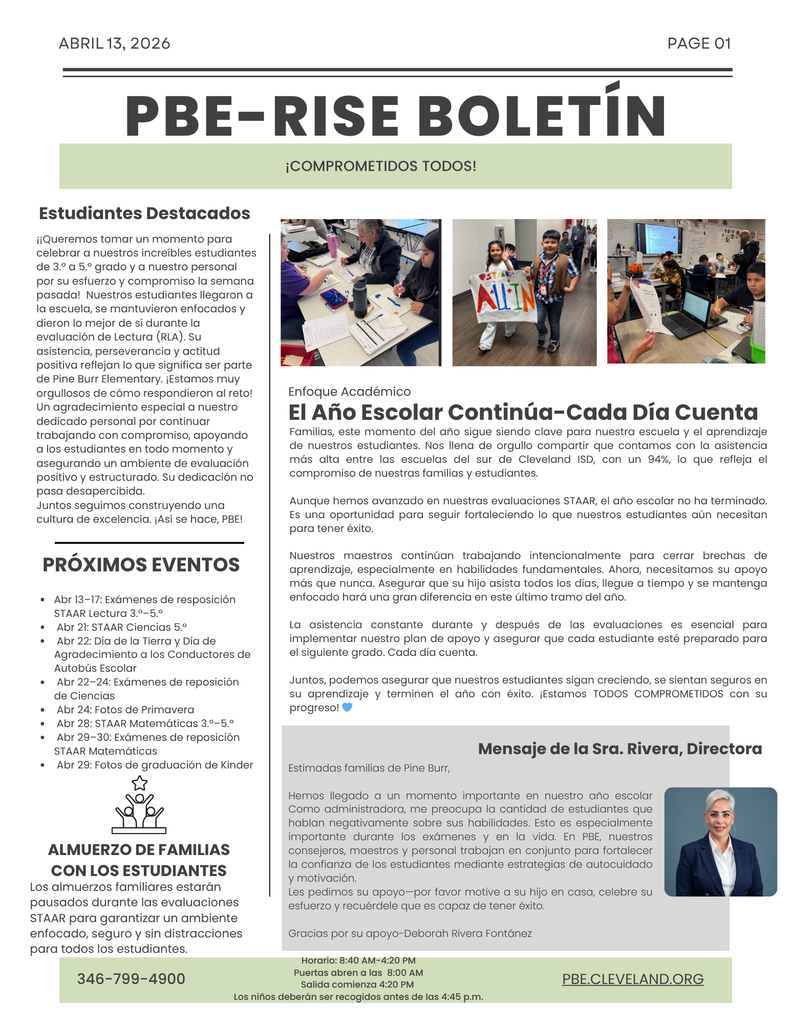 A school newsletter features a photo of students working at tables, a photo of a person holding a sign, and a person in a suit.