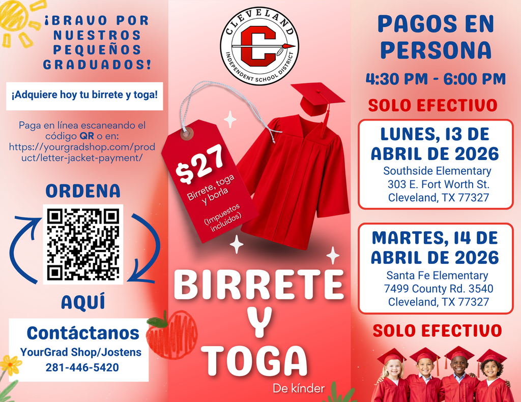 A flyer for graduation hats and gowns. A red graduation gown and hat are featured. Dates, times, and payment info are listed.