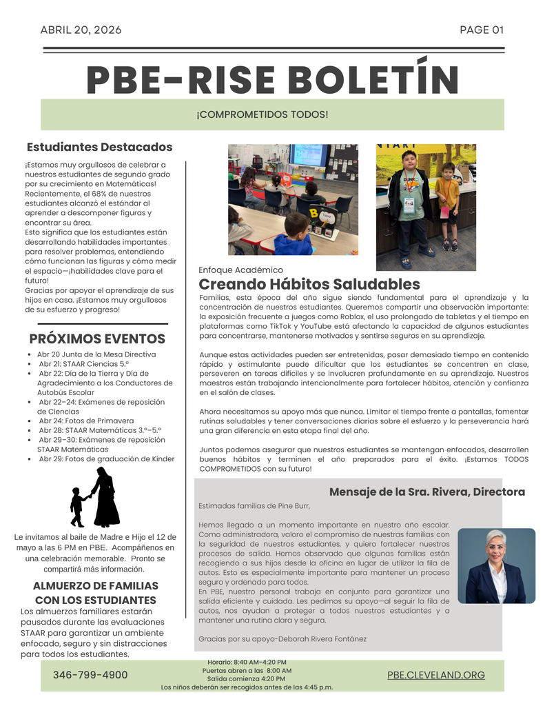 A page from a bilingual newsletter includes a header with "PBE-RISE Boletín" and "Compromisos Todos". Features text, photos, and a person's silhouette.