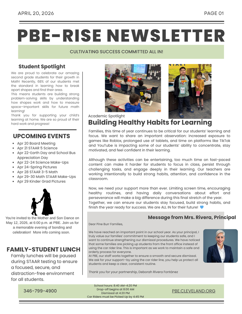 A newsletter page with headings "PBE-RISE Newsletter" and "Cultivating Success Committed All In!" includes a student spotlight, academic spotlight, upcoming events, and a family-student lunch announcement.
