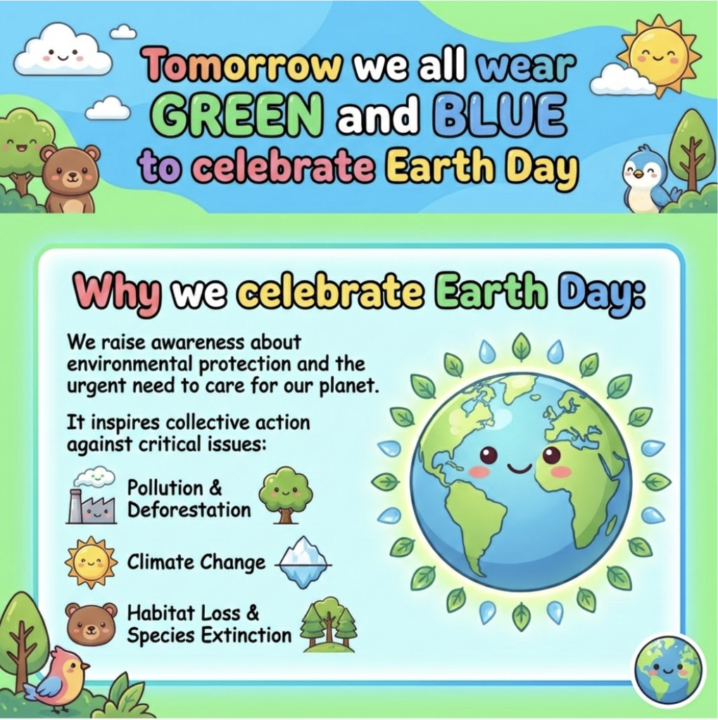 Earth Day poster with a globe, animals, plants, and text explaining its purpose. Green background with various icons.