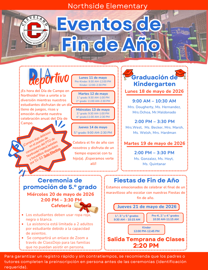A colorful flyer for Northside Elementary's year-end events in Spanish. Includes details for Kindergarten Graduation, 5th Grade Promotion, and end-of-year class parties.