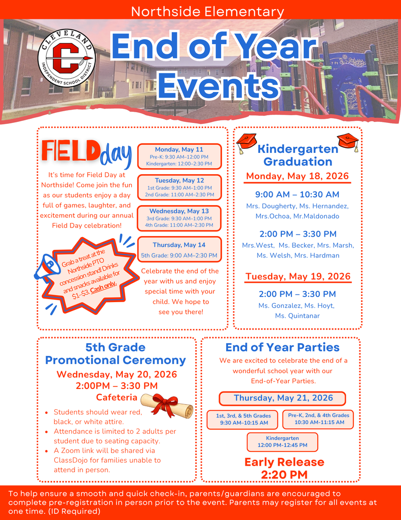 An end-of-year events flyer for Northside Elementary. It includes details for Field Day, Kindergarten Graduation, and 5th Grade Promotional Ceremony.