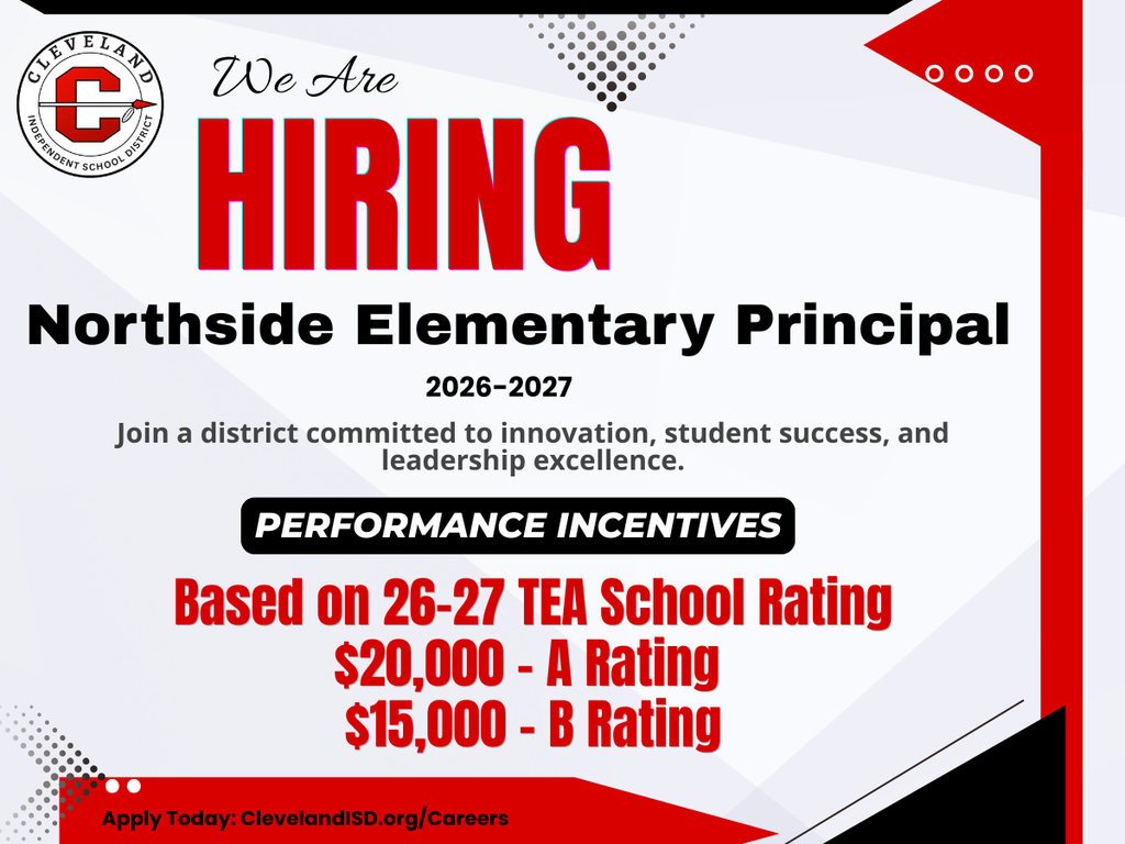 Job posting for Northside Elementary Principal 2026-2027, offering performance incentives based on TEA School Ratings.