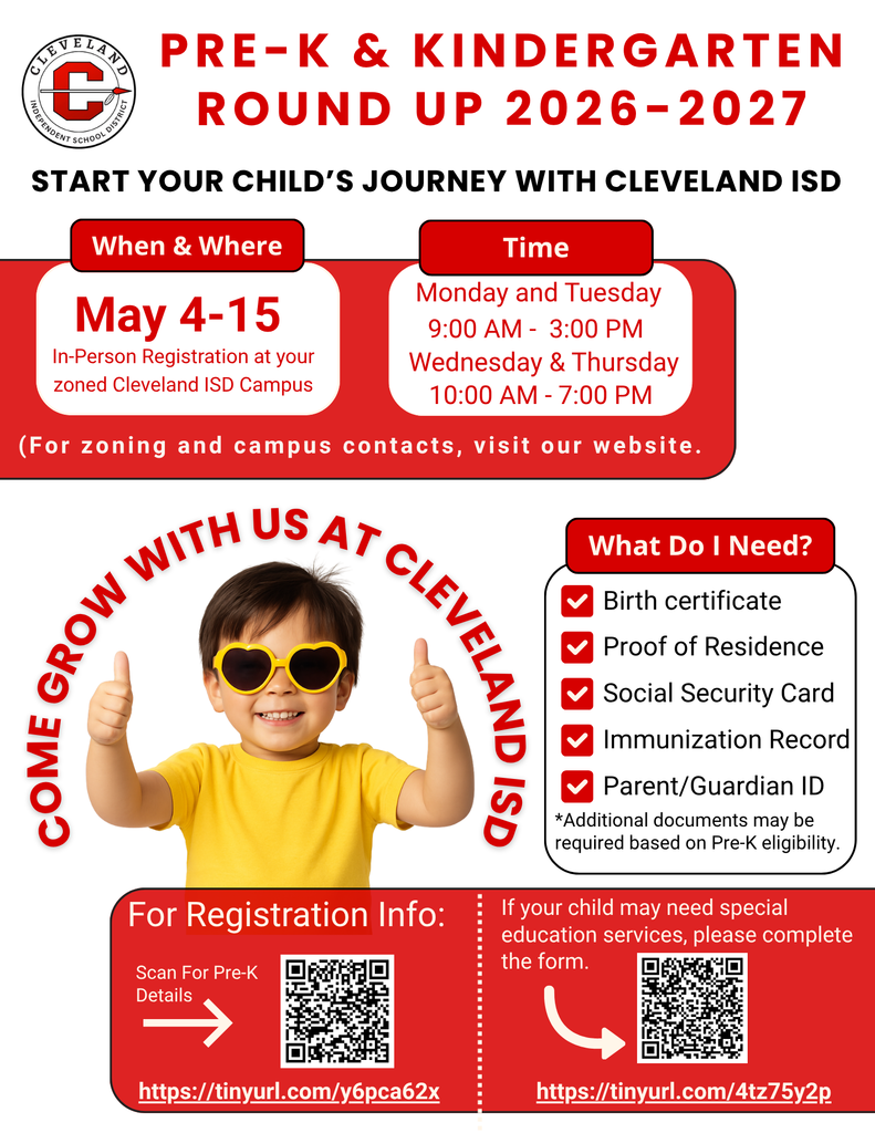 Flyer for Cleveland ISD's pre-k and kindergarten round-up 2026-2027. A child in yellow with sunglasses giving a thumbs up.