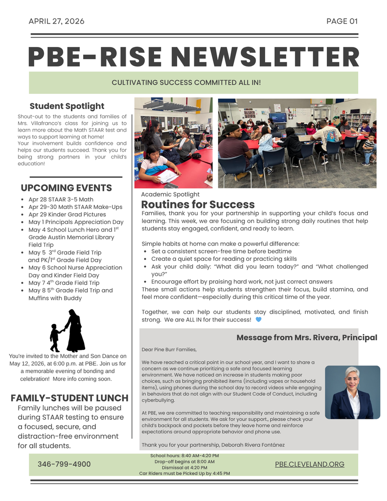 A newsletter includes a heading, "PBE-RISE Newsletter", and sections on student spotlight, upcoming events, academic spotlight, and family-student lunch.