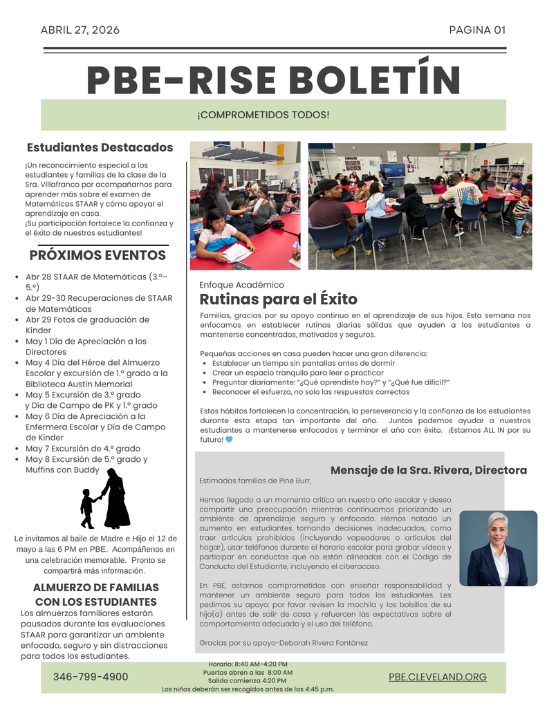 Page one of a school newsletter displays a photo of students sitting at tables, headings for events and family updates, and a message from the director.