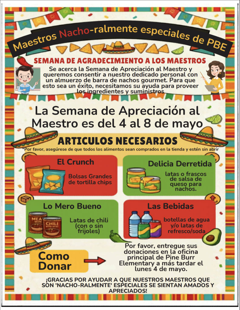 Poster with colorful design and text in Spanish. It highlights "Semana de Apreciación al Maestro" from May 4th to 8th. Items listed include nachos, chips, salsa, water, and avocado.