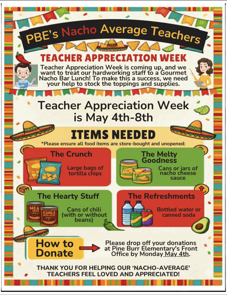 Bright colors and a Mexican theme decorate the poster. Categories are listed to guide donations: The Crunch, The Hearty Stuff, The Melty Goodness, and The Refreshments.
