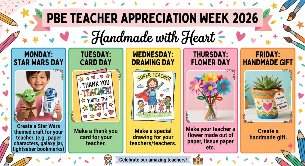Poster with colorful sections for PBE Teacher Appreciation Week 2026. Sections include Star Wars Day, Card Day, Drawing Day, Flower Day, and Handmade Gift.