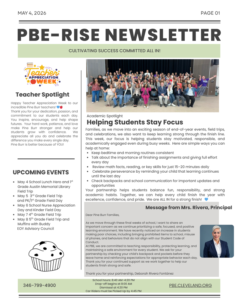 A newsletter from May 2016 includes a teacher spotlight, a message from the principal, and upcoming events.