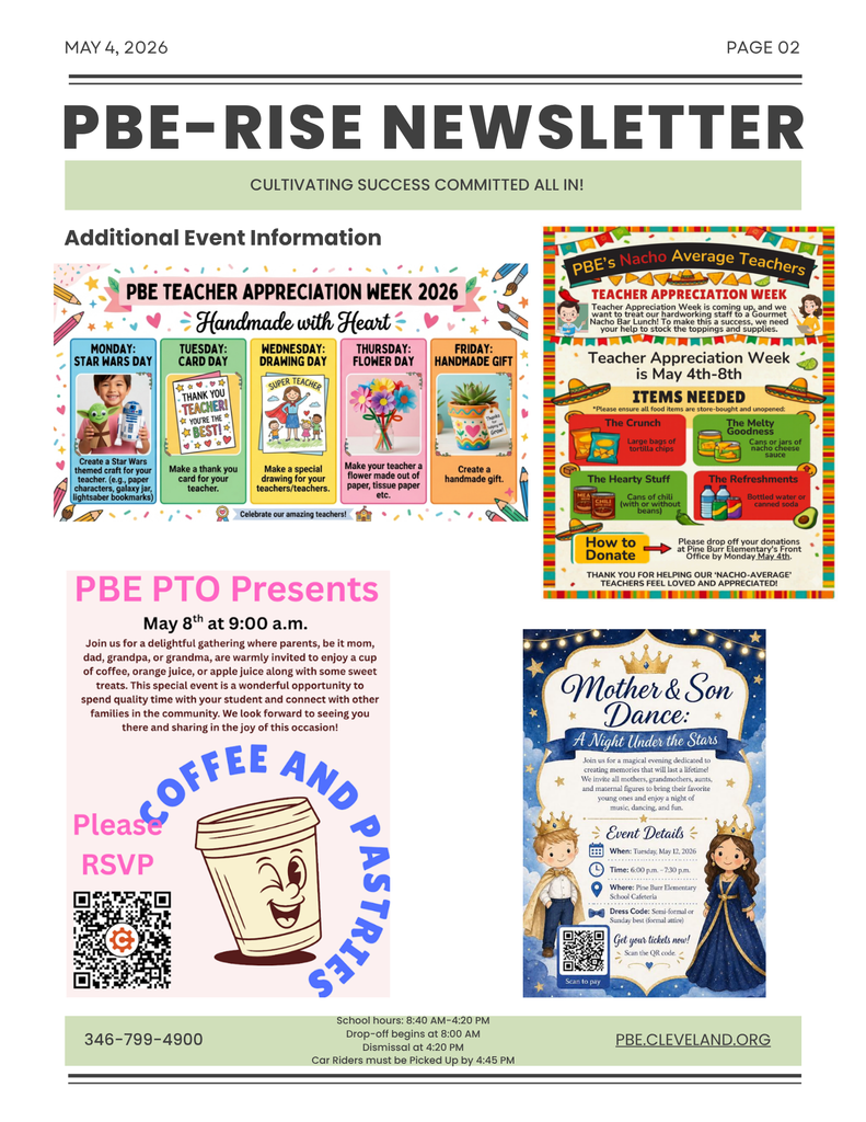 Newsletter page with "PBE-RISE NEWSLETTER" heading. Four sections feature designs for events: Pre Teacher Appreciation Week, PTO Coffee and Pastries, and Mother's and Son Dance.