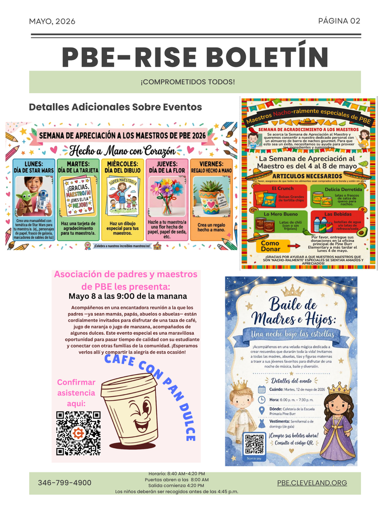 A newsletter page with a title "PBE-RISE BOLETÍN" and two sections, one featuring colorful charts and the other a royal ball invitation.