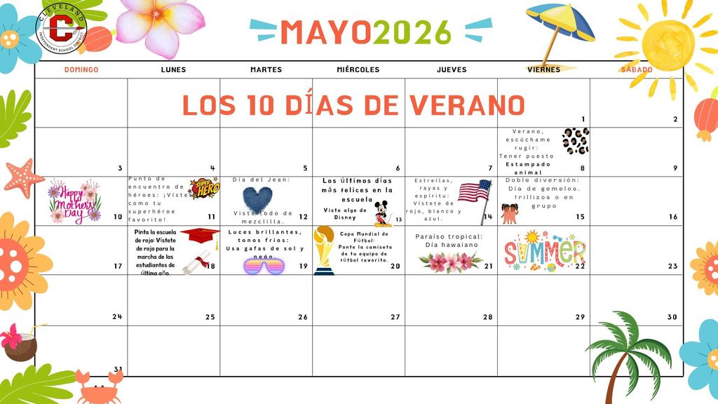 Calendar for May 2026 includes text "LOS 10 DIAS DE VERANO" with icons like a heart, a beach umbrella, and a palm tree.
