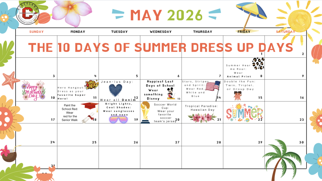 A colorful May 2026 calendar displays "The 10 Days of Summer Dress Up Days" with icons like flowers, a sun, and a beach scene.