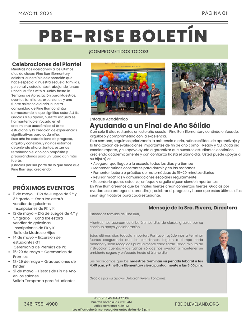 Bulletin page displays title "PBE-RISE BOLETÍN" and headings "CELEBRACIONES DEL PLANET", "AYUNDANDO A UN FINAL DE AÑO SÓLIDO", "PRÓXIMOS EVENTOS".