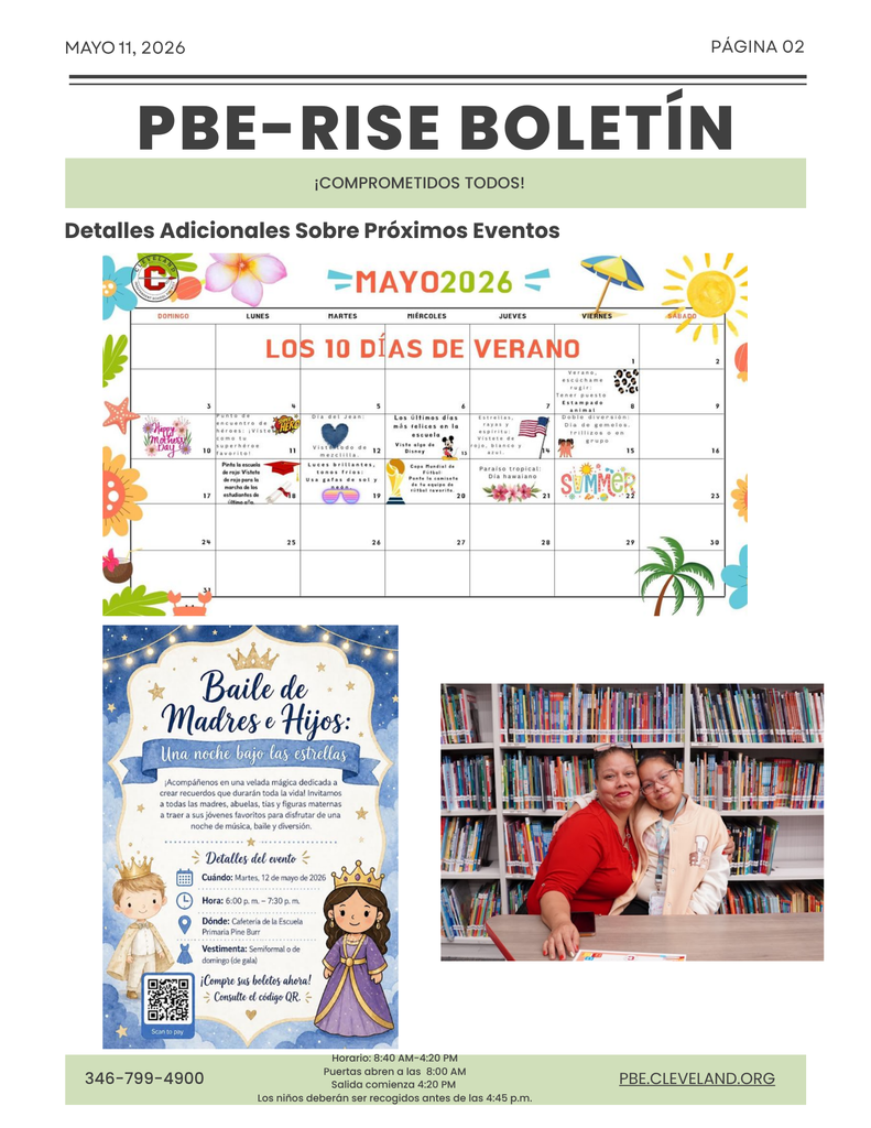 A newsletter with "PBE-RISE BOLETÍN" in bold. The calendar for May 2026 shows ten summer days. A library background with people.
