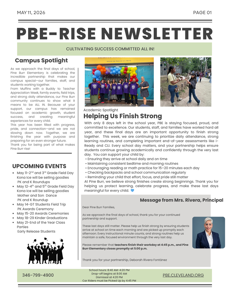 Newsletter page with heading "PBE-RISE Newsletter" and sections including Campus Spotlight, Academic Spotlight, and Upcoming Events.