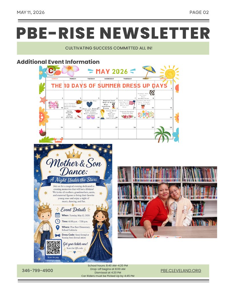 Newsletter page with a calendar and a poster. A calendar shows May 2026 with sun, hearts, and a palm tree. A poster is for a Mother and Son Dance.
