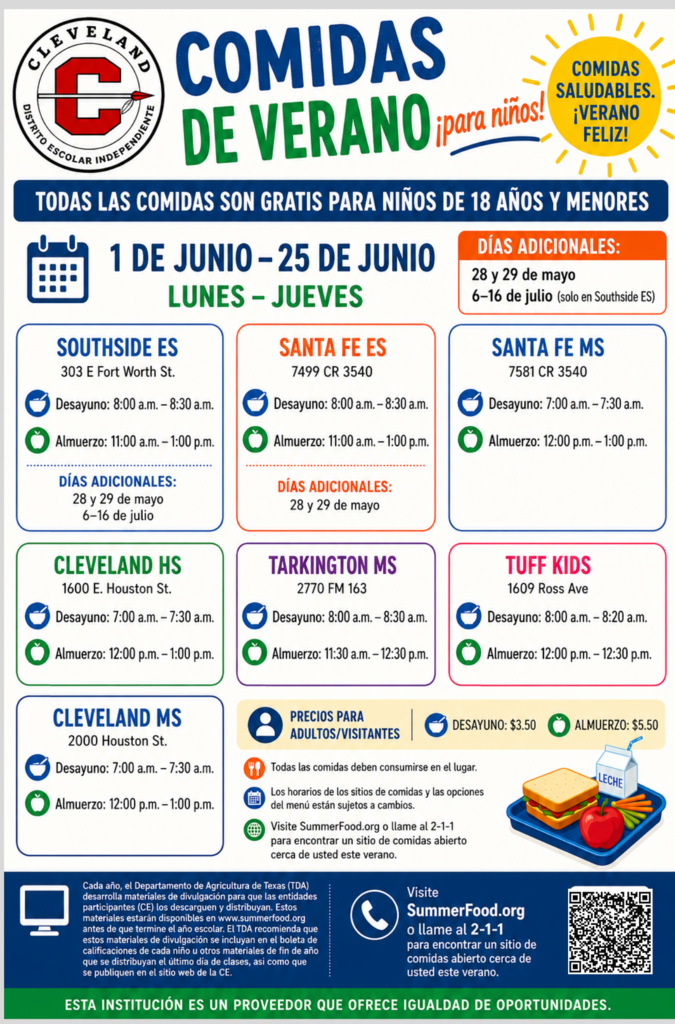 An advertisement for Cleveland summer meals. It lists locations and times. It's aimed at children under 18.