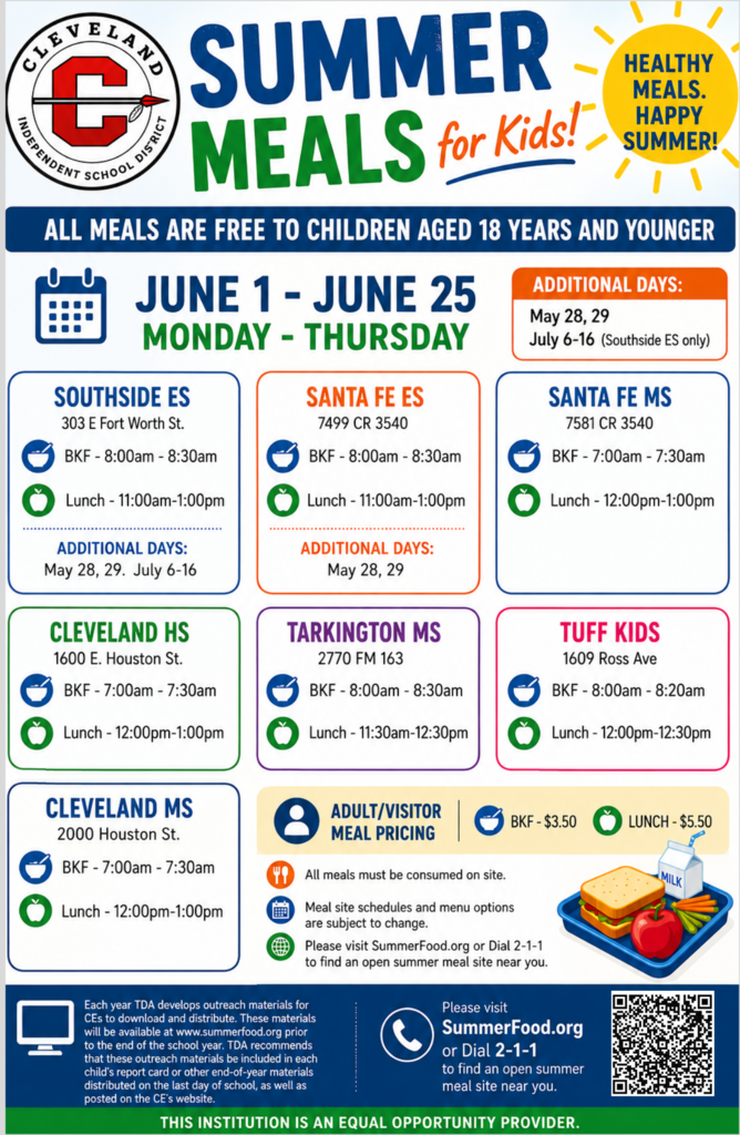 Poster with a blue background. Text reads "Summer Meals for Kids!" and "Healthy, Happy Summer!" below. Dates and locations listed.