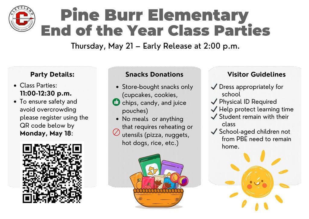 End-of-year party details for Pine Burr Elementary. QR code for registration, snack guidelines, and visitor rules.