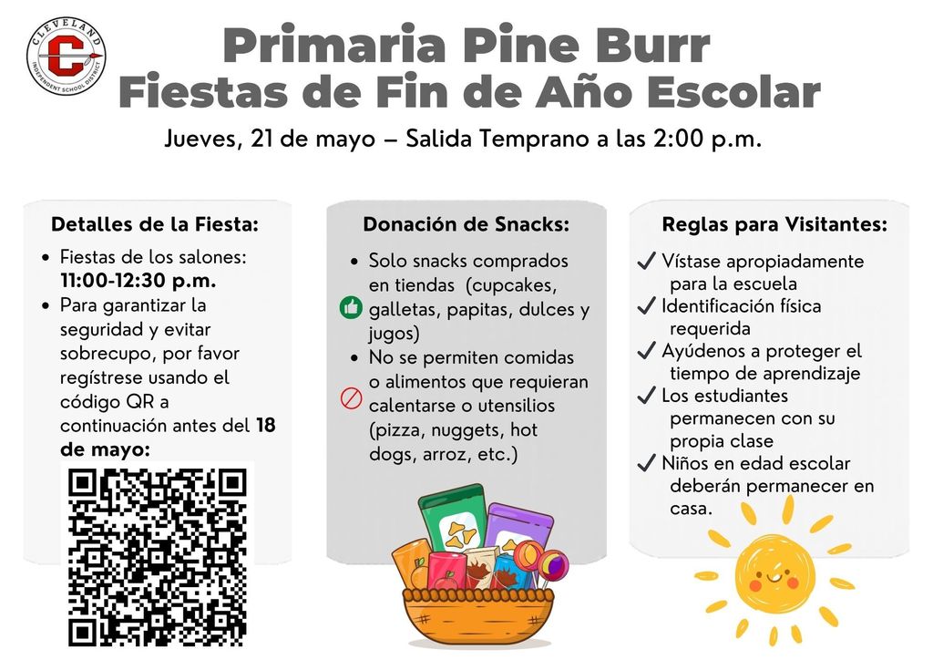 A flyer with three sections: event details, snack donation guidelines, and visitor rules. It includes a QR code.