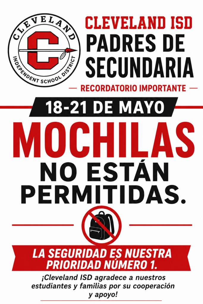 A red and white poster features a school logo, text in Spanish, and a backpack with a red cross.