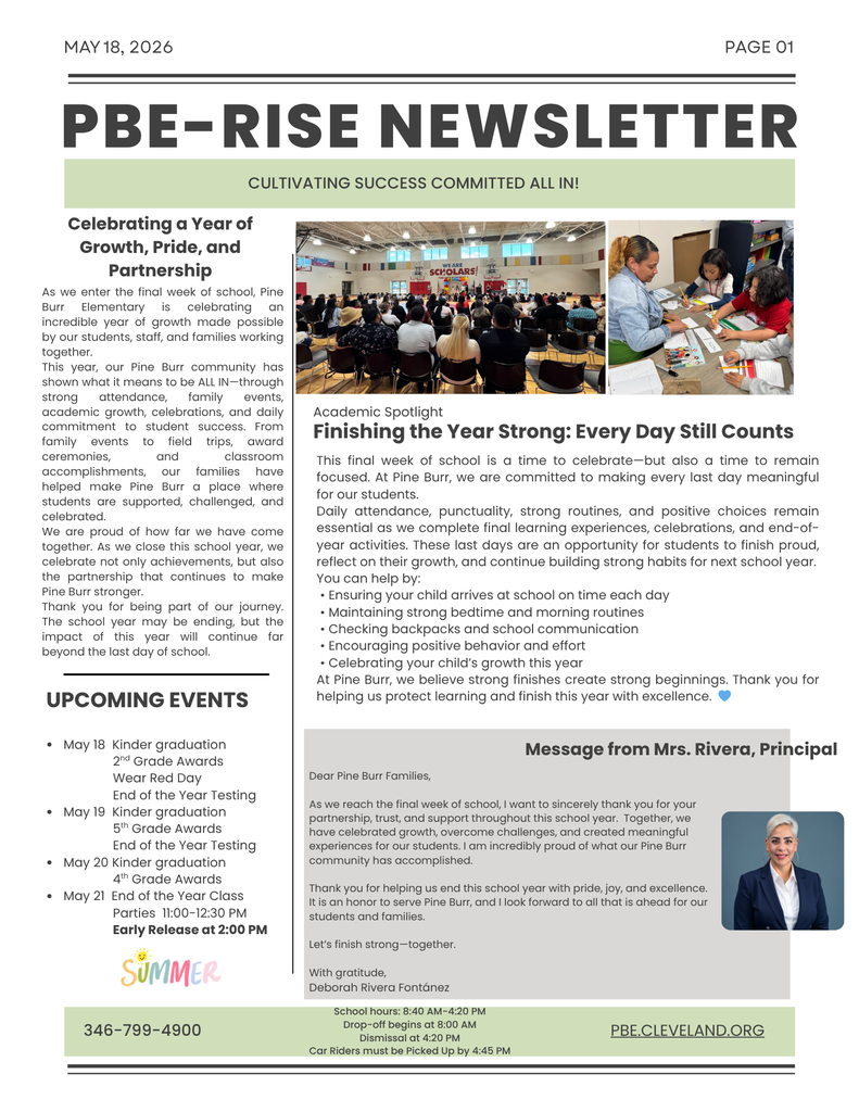 Newsletter header with "PBE-RISE NEWSLETTER" and date. Sections include "Cultivating Success," "Academic Spotlight," and "Upcoming Events." Images of people in a classroom and an adult speaking.
