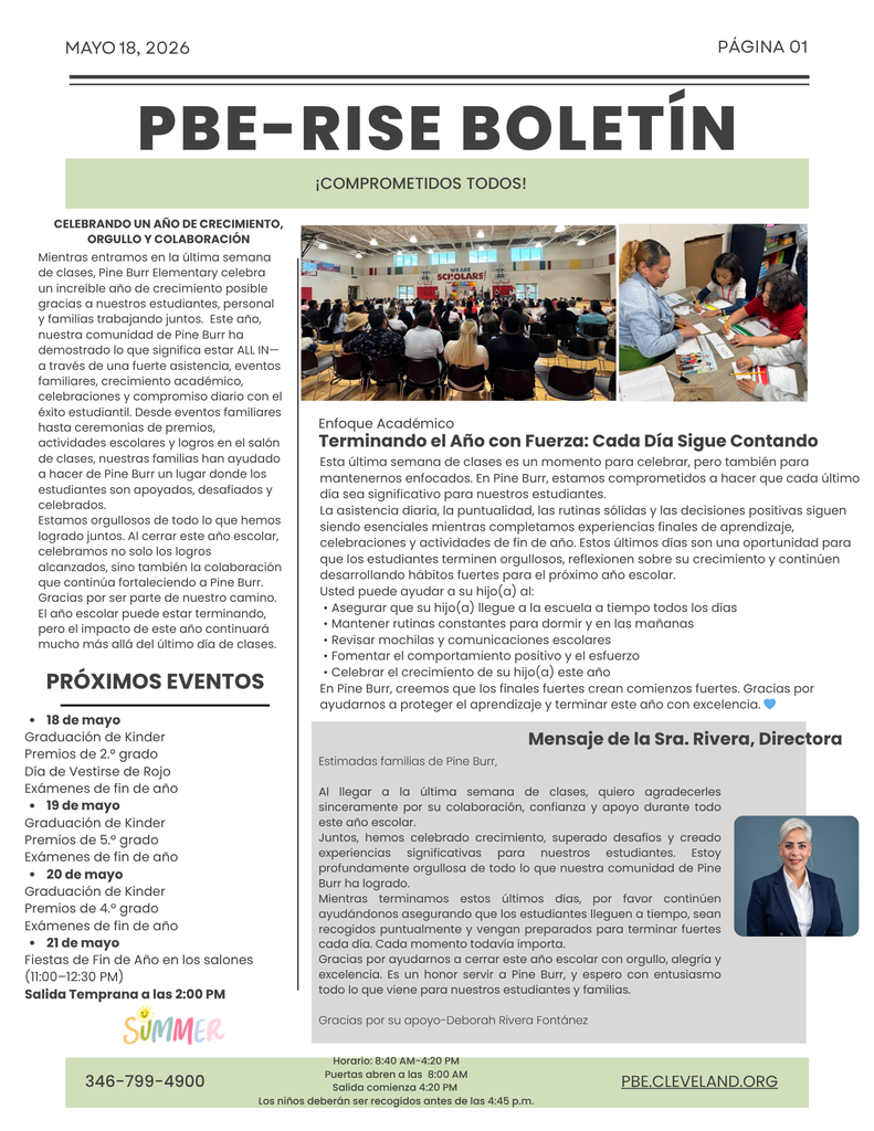 A newsletter page displays a picture of a classroom with students and teachers. Text in a foreign language is present, with some English phrases.