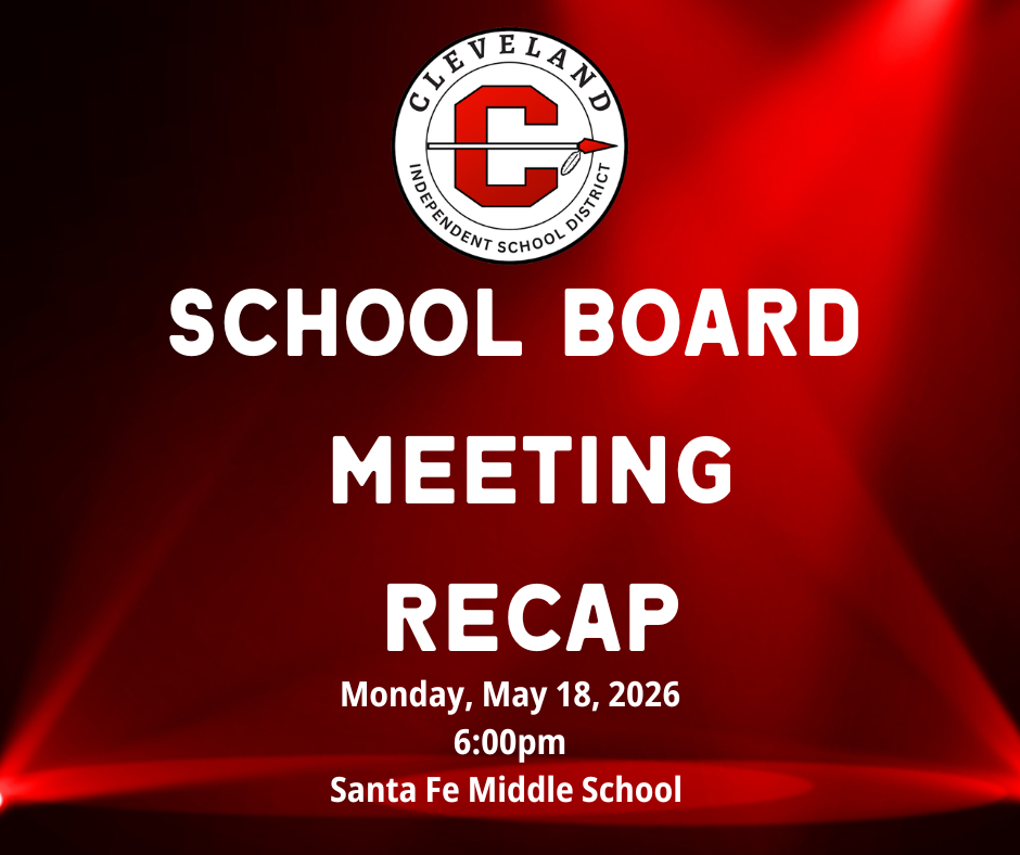 Red background with white text and logo. "SCHOOL BOARD MEETING RECAP" and date "Monday, May 18, 2026" at 6:00pm.