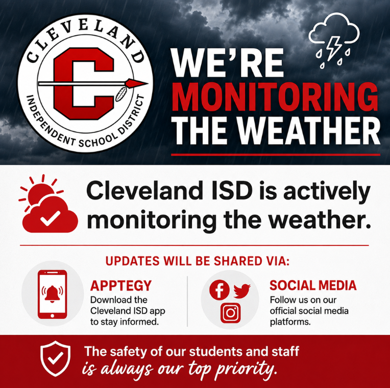 A flyer with a red and white background reads "We’re Monitoring the Weather." Icons for updates via Apptegy and social media follow.