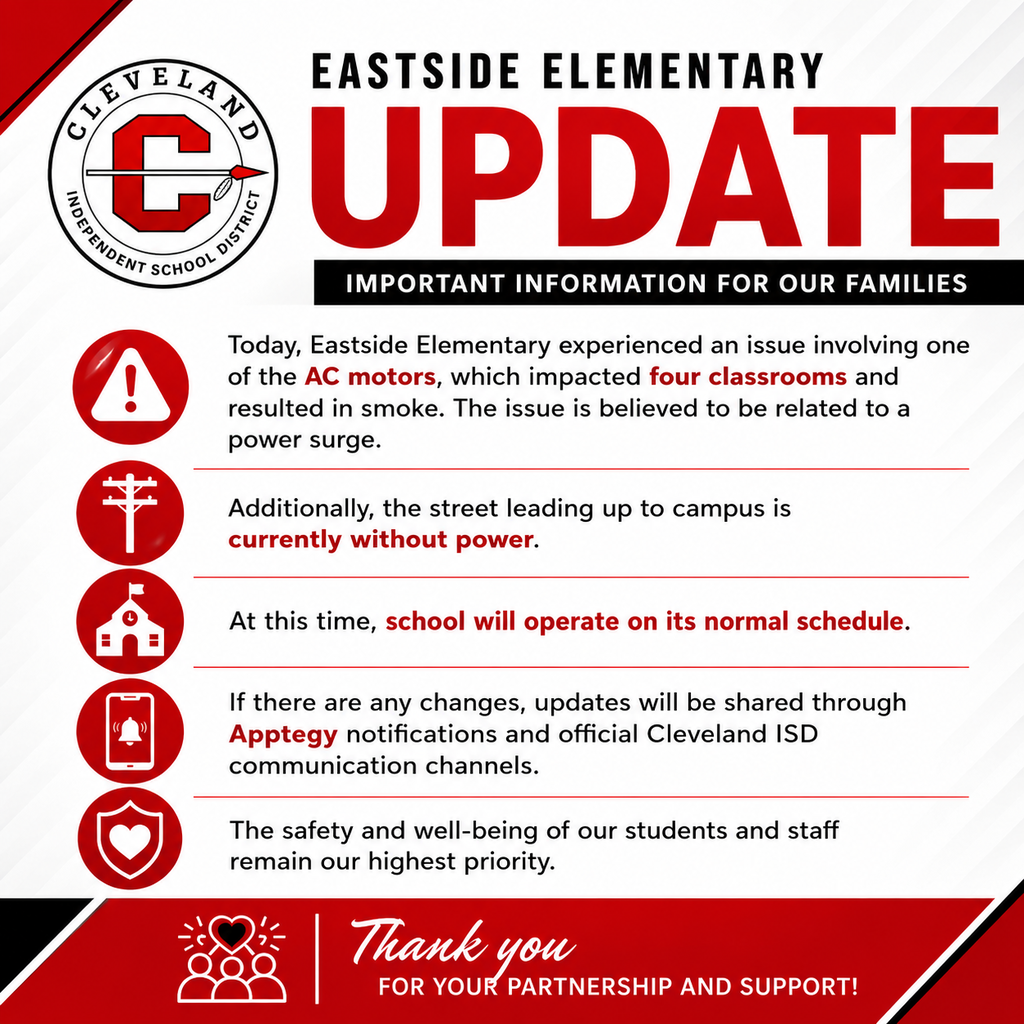 An update from Eastside Elementary School in Cleveland. A power surge affected four classrooms. Updates will be shared.