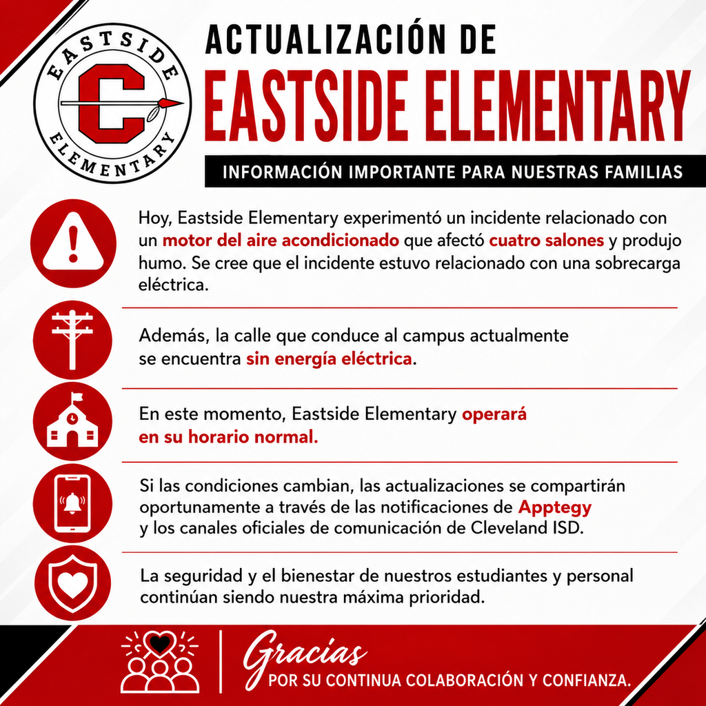 Red and white flyer with icons: a lightbulb, a house, a school, a cell phone. Text reads "Actualización de Eastside Elementary".