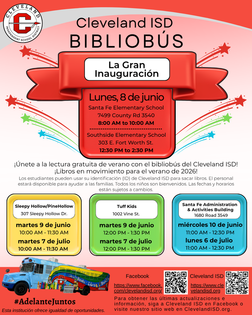 Flyer with red ribbon. Text includes "Cleveland ISD BIBLIOBUS La Gran Inauguracion." Dates and times. Bus image. QR codes.