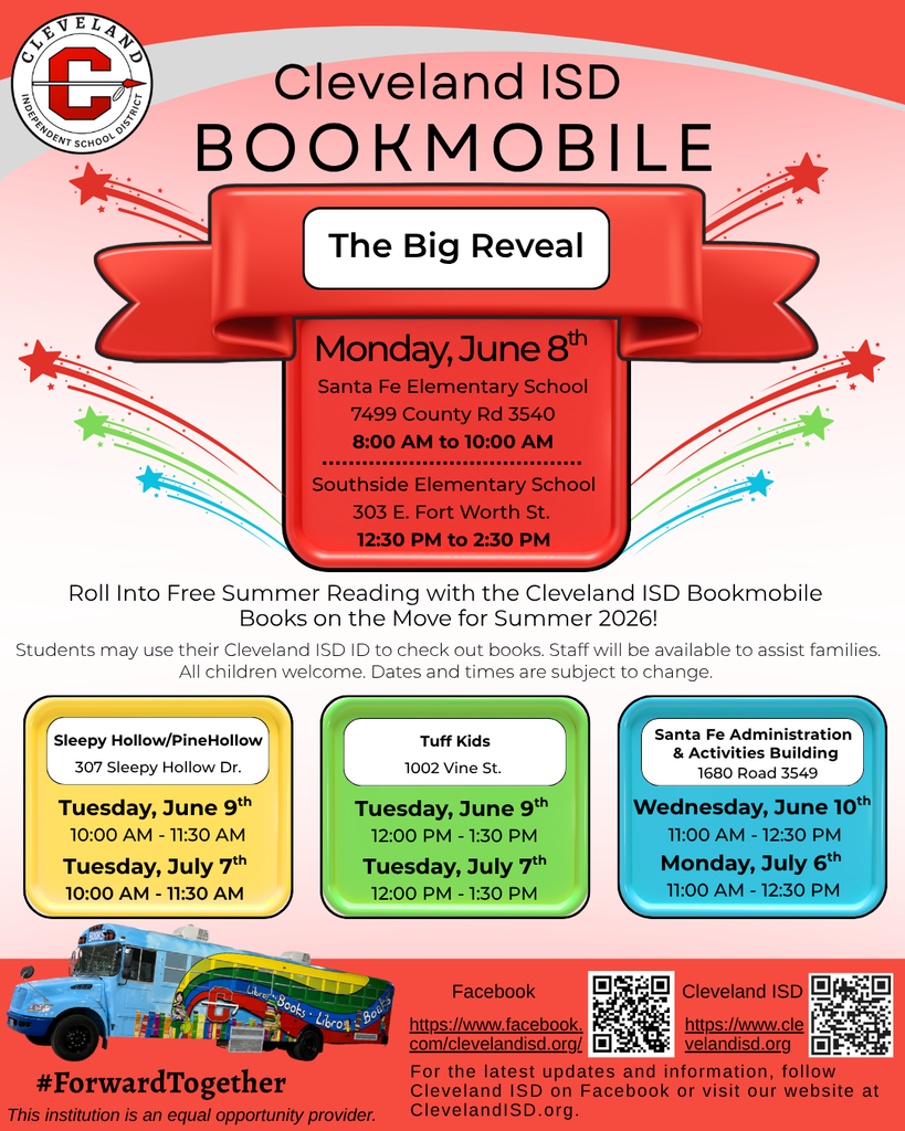 Flyer announces Cleveland ISD Bookmobile's free summer reading event on June 8, with locations and times for book checkouts.
