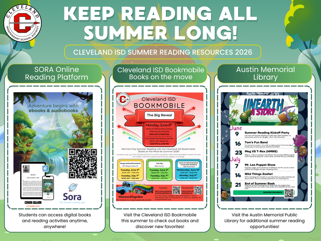 A colorful page with four sections displaying summer reading resources. Each section includes an image and text.
