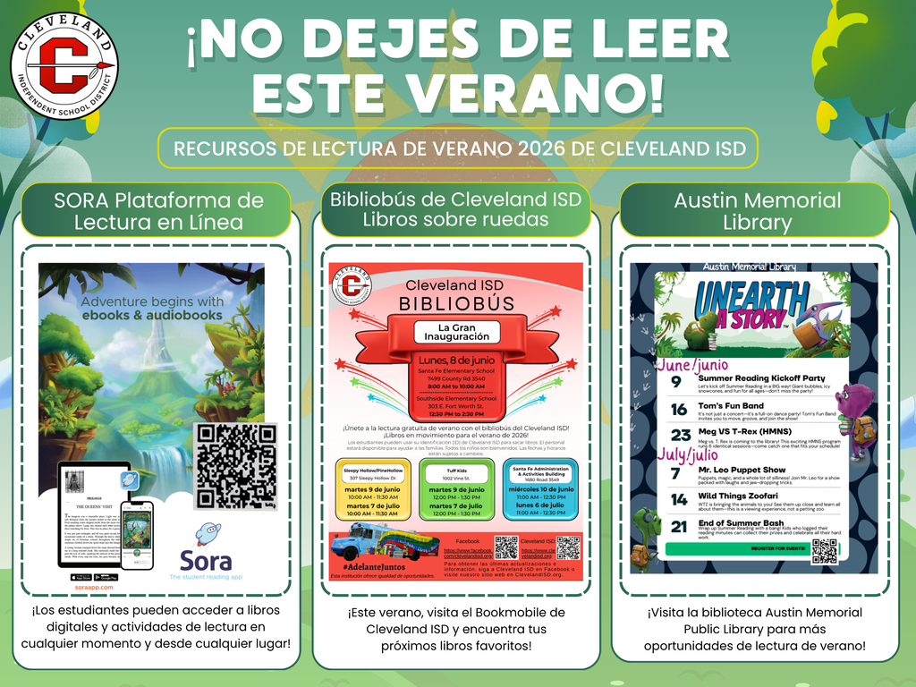 A blue-green background with tree silhouettes. Four colorful panels contain text and QR codes. Titles include "SORA", "Cleveland ISO", and "Unearth a Story".