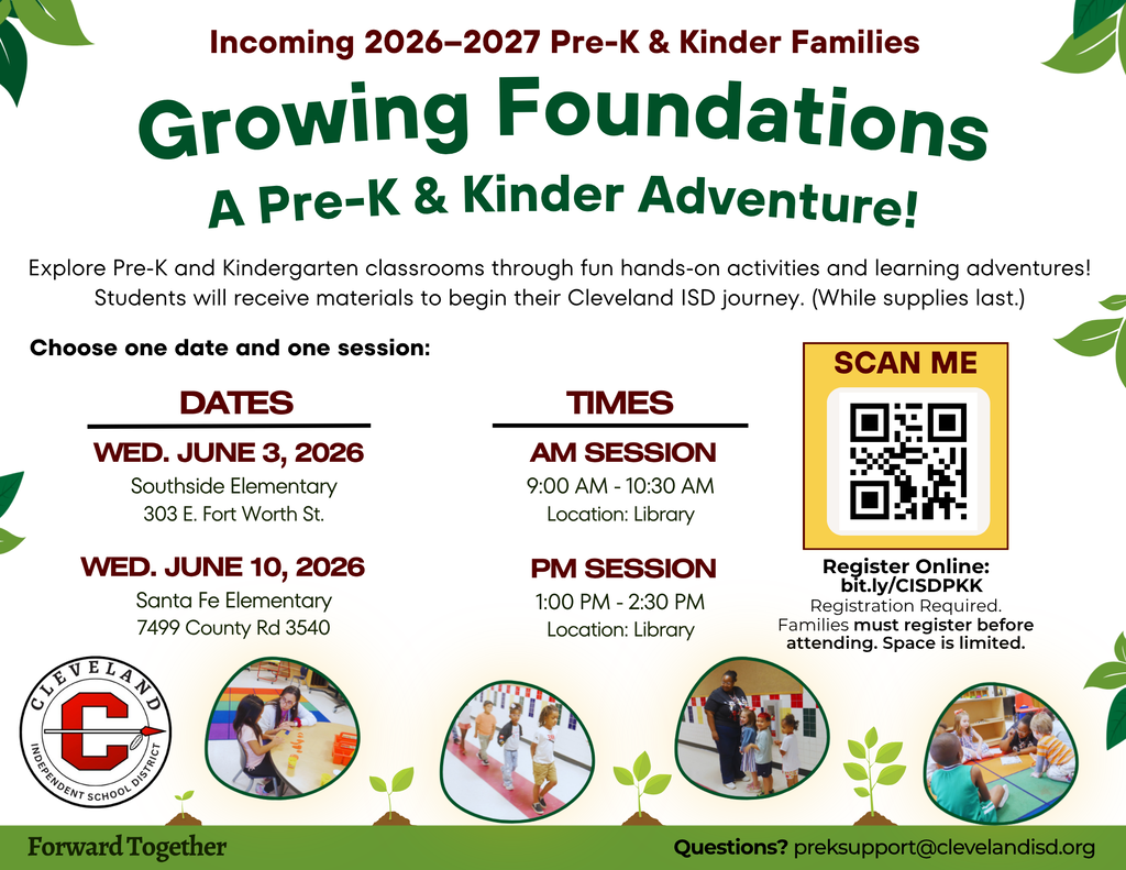 Flyer for a Pre-K & Kinder adventure titled "Growing Foundations" with two session options, dates, and times.