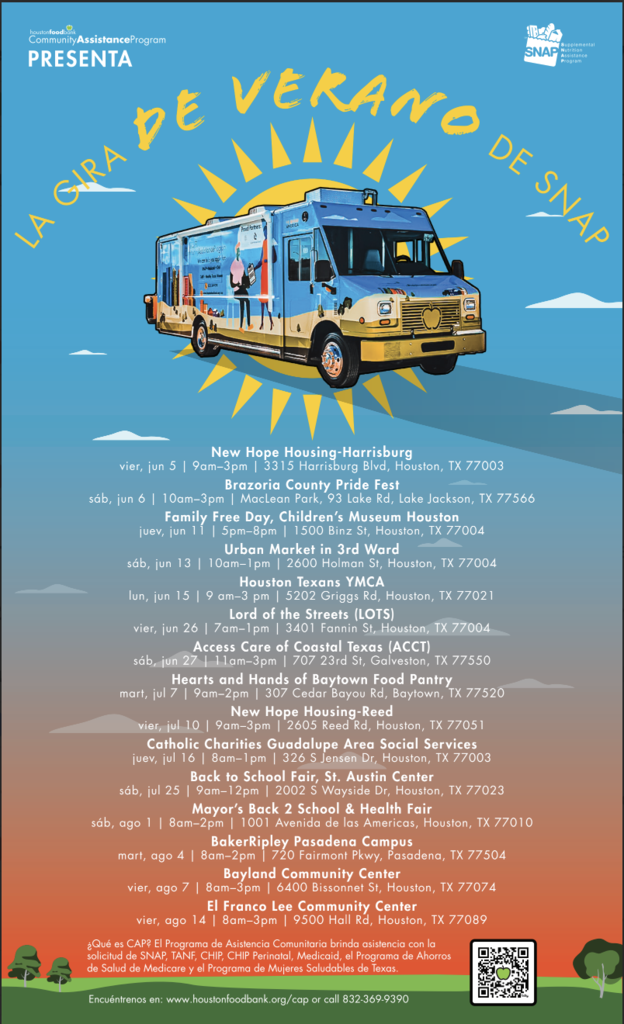 Advertisement poster with an illustrated food truck on a sunny background. It lists several events and their locations.