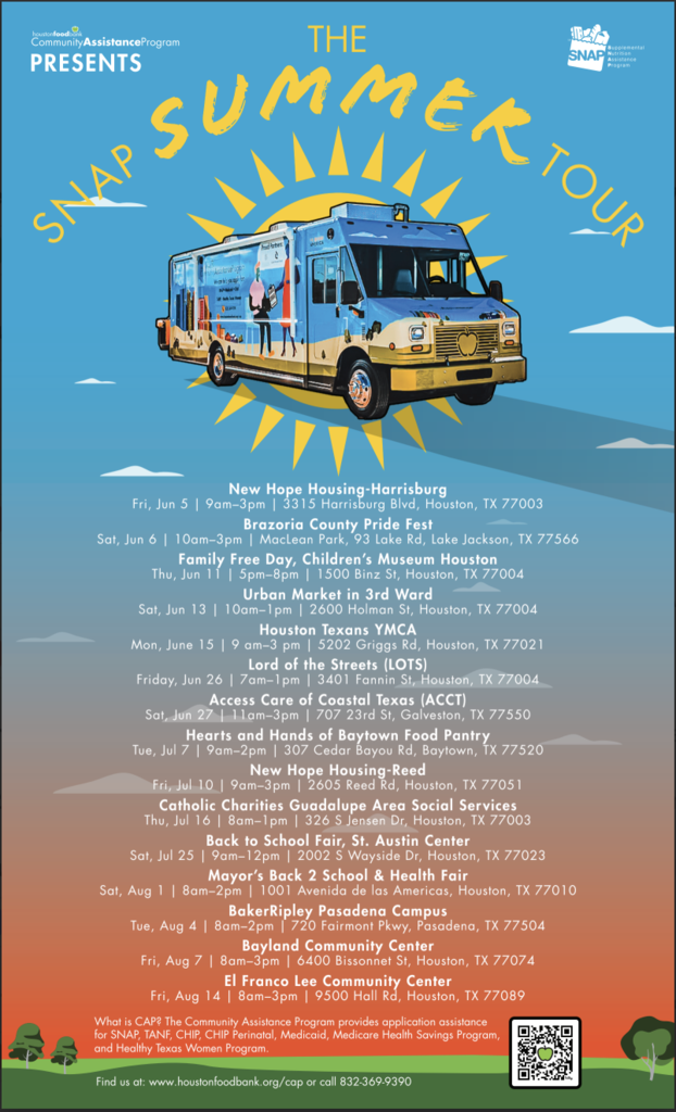A poster displays a yellow and blue truck with a sun graphic. Dates and event locations are listed, including "New Hope Housing Market" and "Brazos County Pride Fest".