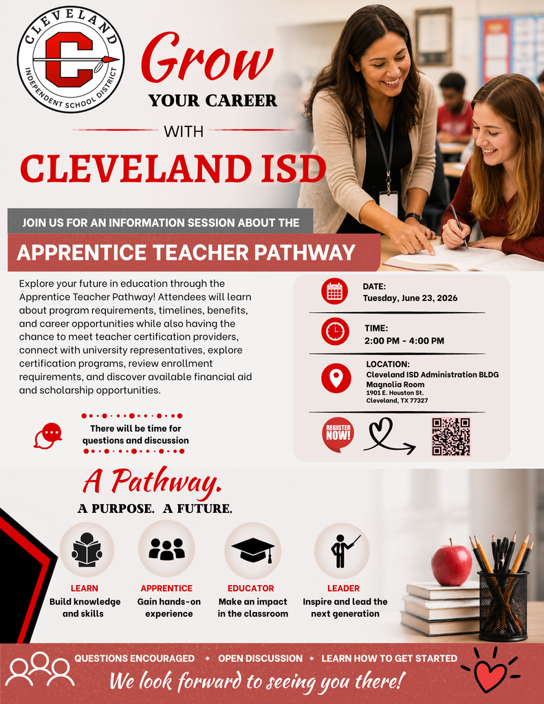 Flyer with a title "Grow Your Career with Cleveland ISD" shows two women working, with text about apprenticeship and teacher pathway.