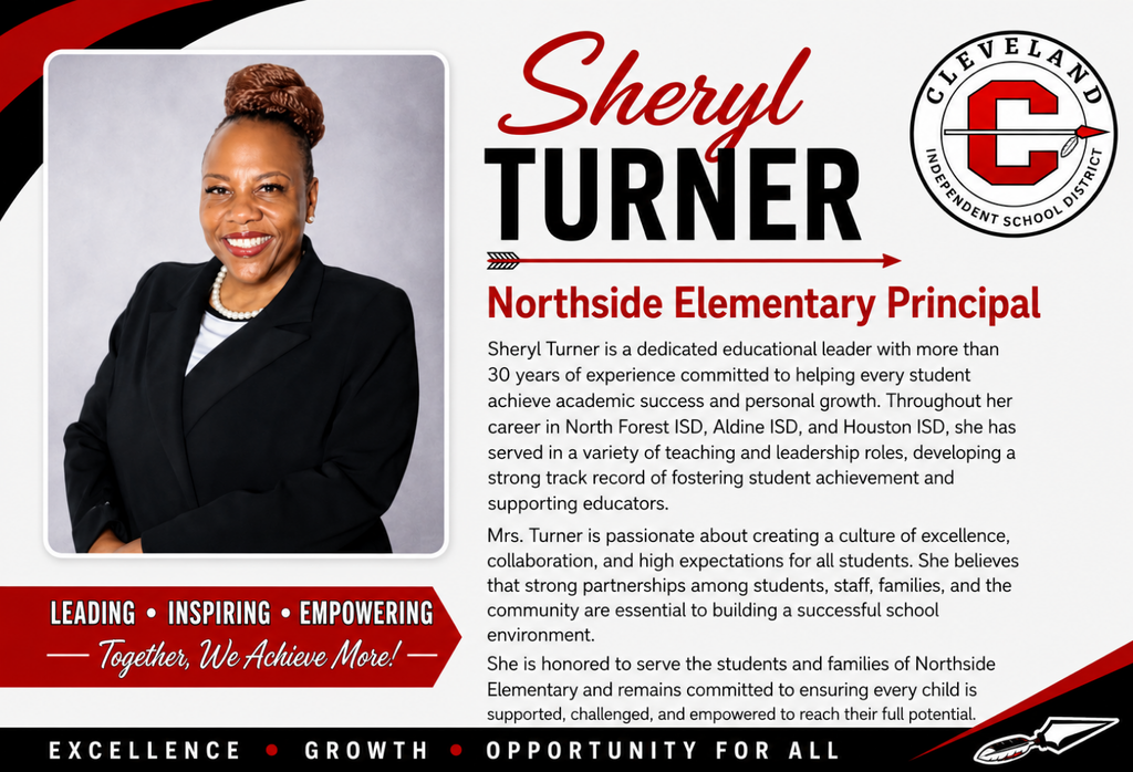 A professional headshot shows Sheryl Turner, an elementary school principal, with a black blazer and white pearl necklace. The background is red and black.