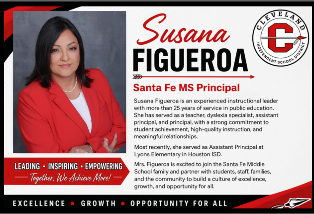 A professional photo features Susana Figueroa, smiling, in a red blazer, standing. "Susana Figueroa, Santa Fe MS Principal" is written at the top.