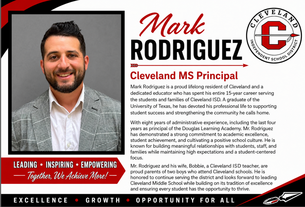 A person in a suit and tie smiles at the camera. Text reads "Mark Rodriguez, Cleveland MS Principal".